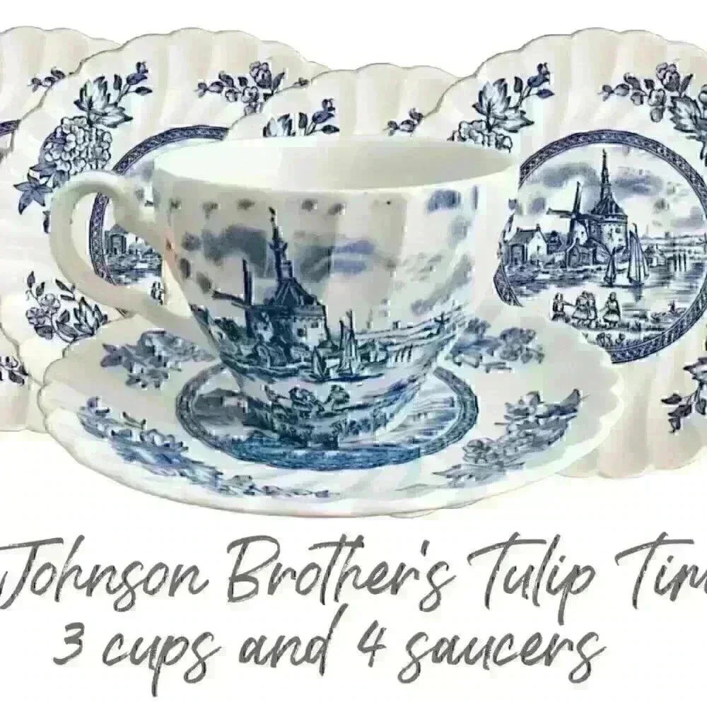 Johnson Brothers Tulip time  delft style 3 cups and 4 saucers.
